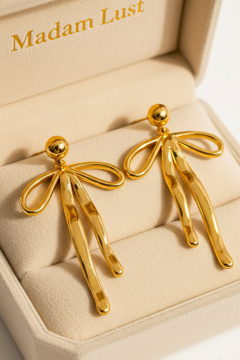 18K gold bow dangle earrings in Madam Lust  cream velvet box — waterproof non-tarnish  gold plated jewelry