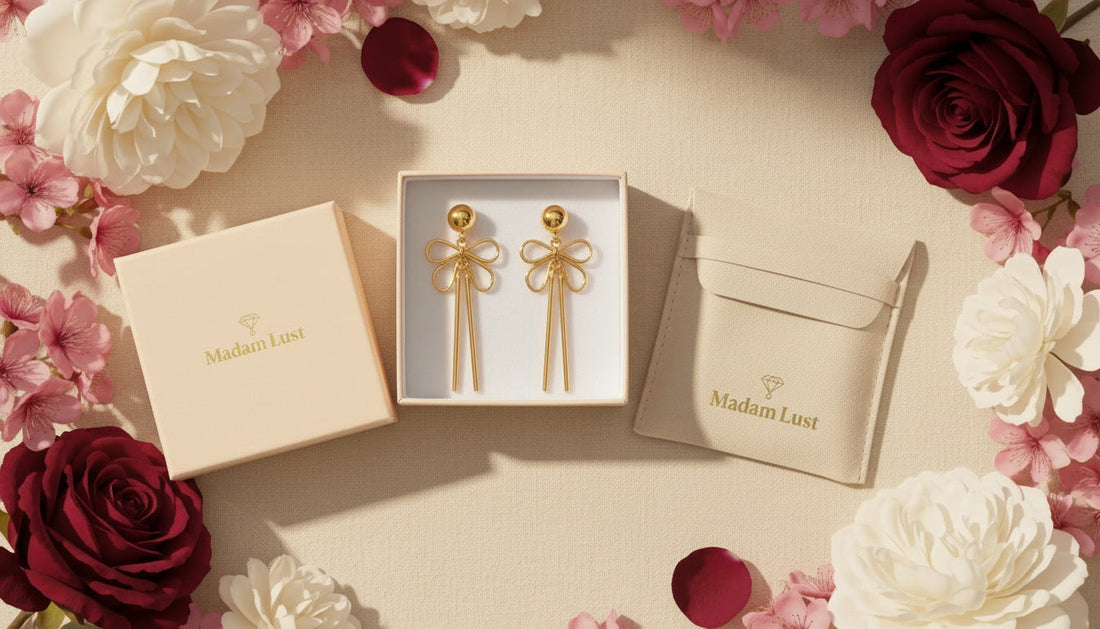 Madam Lust luxury cream gift box with gold bow  dangle earrings and suede pouch surrounded by  burgundy roses and cream flowers — gift ready  jewelry free shipping USA