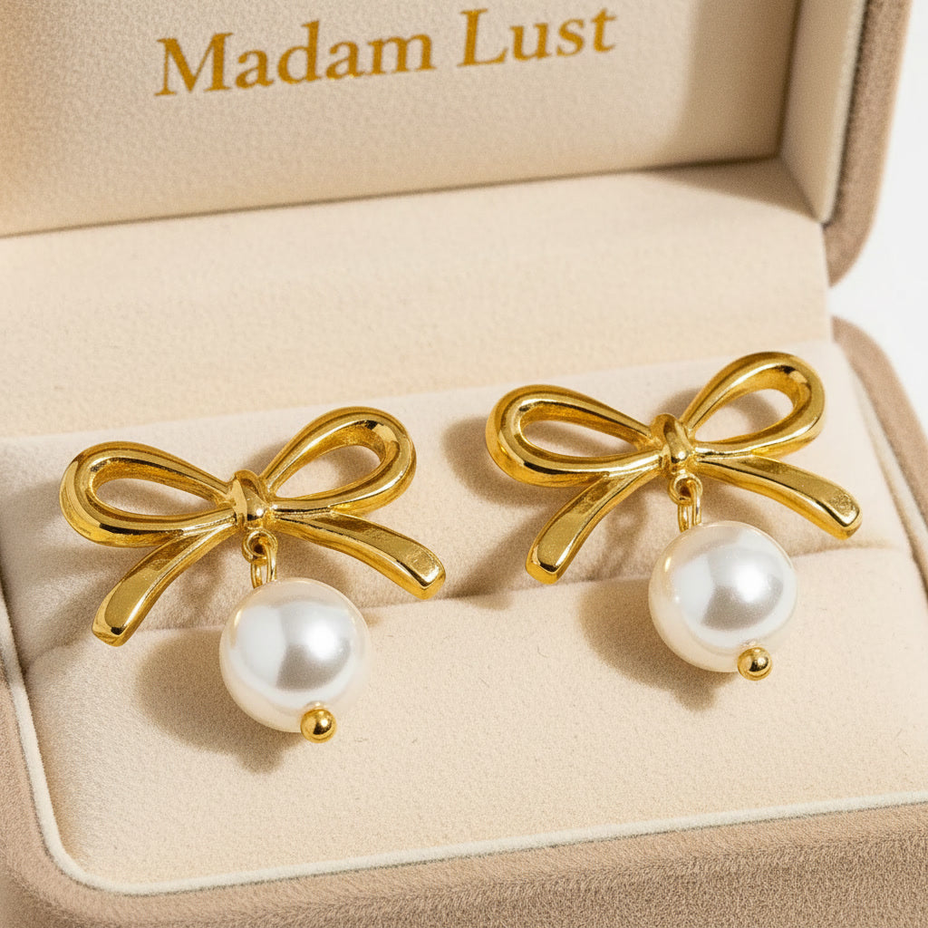 The Vintage Soul | 18K Gold Pearl Bow Drop Studs