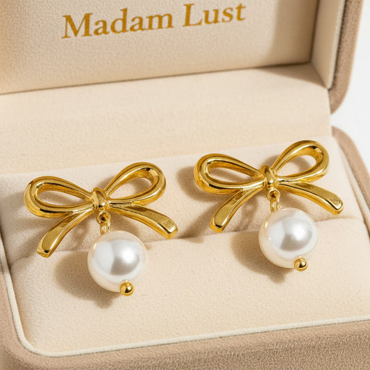 The Vintage Soul | 18K Gold Pearl Bow Drop Studs